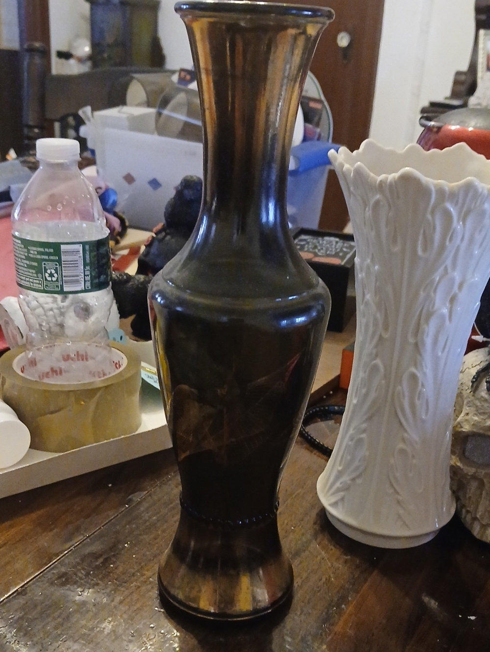 Vintage 1960s MCM Wheatonware Smoke Green Glass Gold Spirograph Line Art Vase